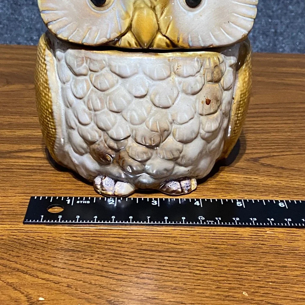 Vintage Ceramic Owl Cookie Jar Canister and Salt‎ Pepper Shaker Set Brown Blue